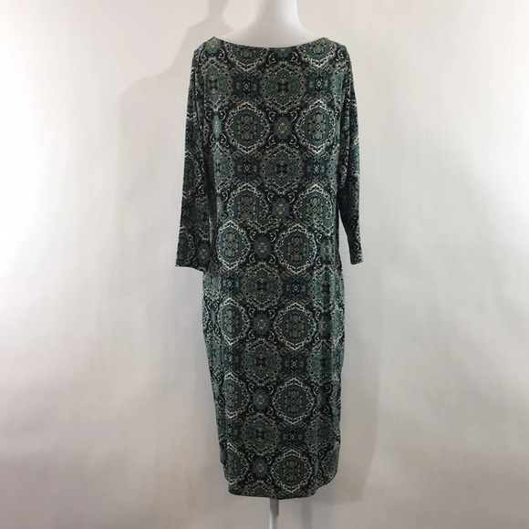 Talbots Green‎ Blue Batik Midi Faux Wrap Dress Womens X 3/4 Sleeve - Picture 3 of 10